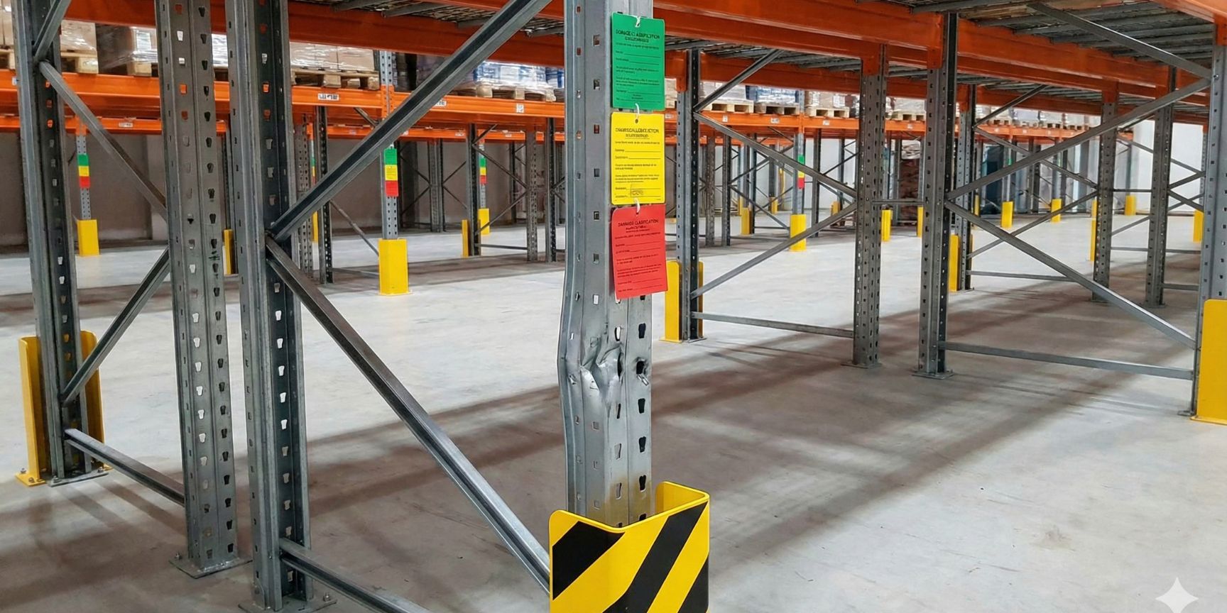 Photo of a damaged shelf stand in a warehouse with a significant dent. Coloured inspection labels (green, yellow, red) are attached to the stand to indicate the degree of damage, as well as a yellow and black collision protection.